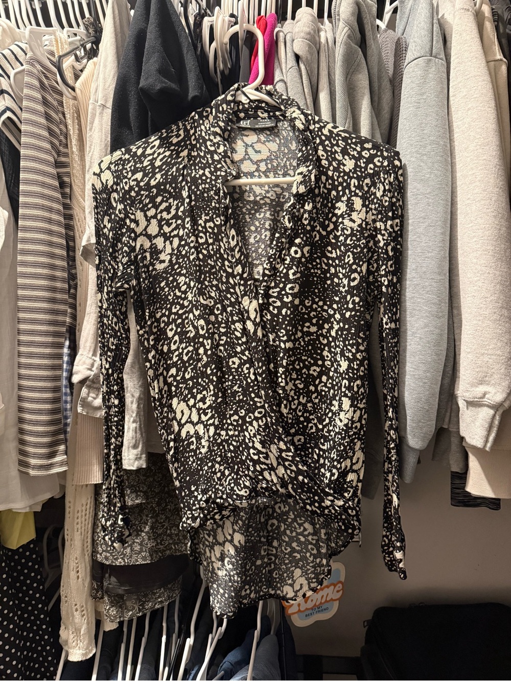 Zara Black and Cream Animal Print Wrap Blouse